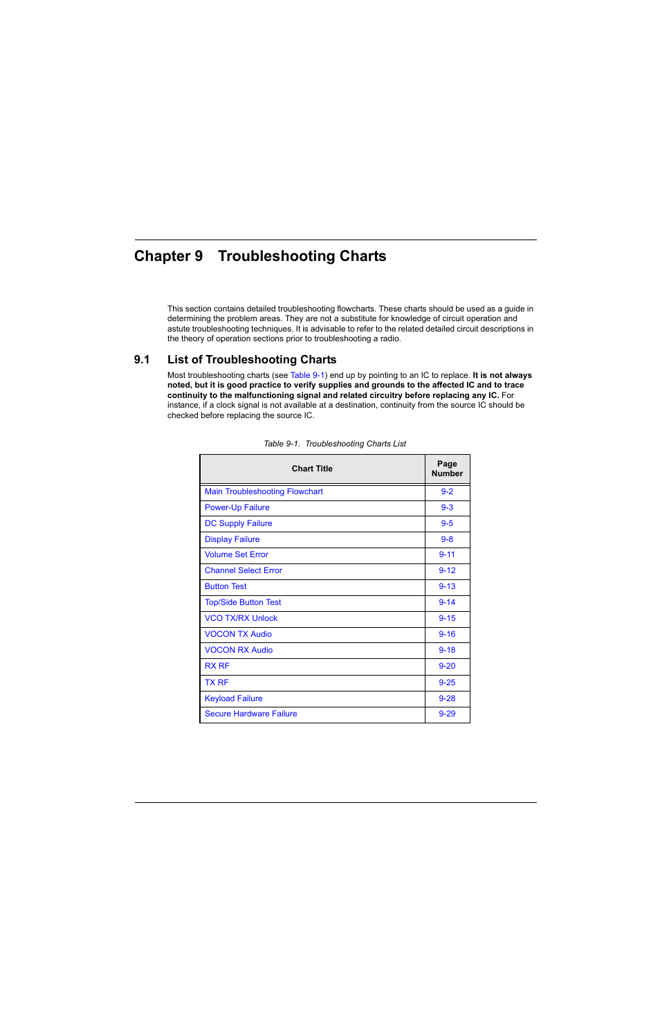 Chapter 9 troubleshooting charts, 1 list of troubleshooting charts, Chapter 9 | Troubleshooting charts -1, List of troubleshooting charts -1, Table 9-1, Troubleshooting charts list -1 | Motorola SSETM 5000 User Manual | Page 105 / 224