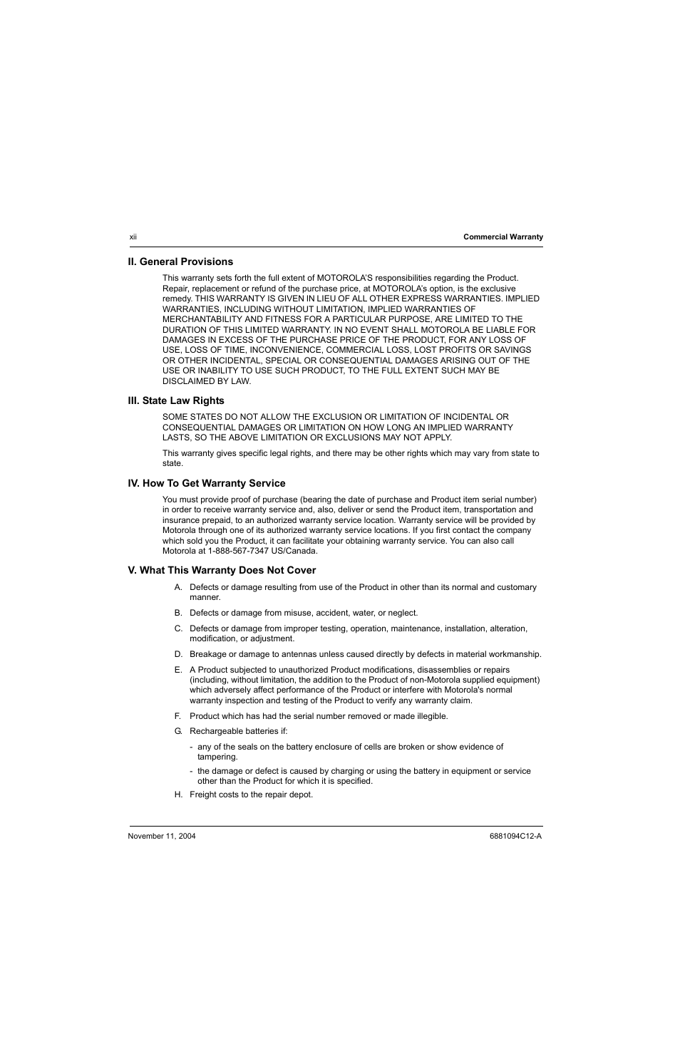 Ii. general provisions, Iii. state law rights, Iv. how to get warranty service | V. what this warranty does not cover | Motorola SSETM 5000 User Manual | Page 14 / 224