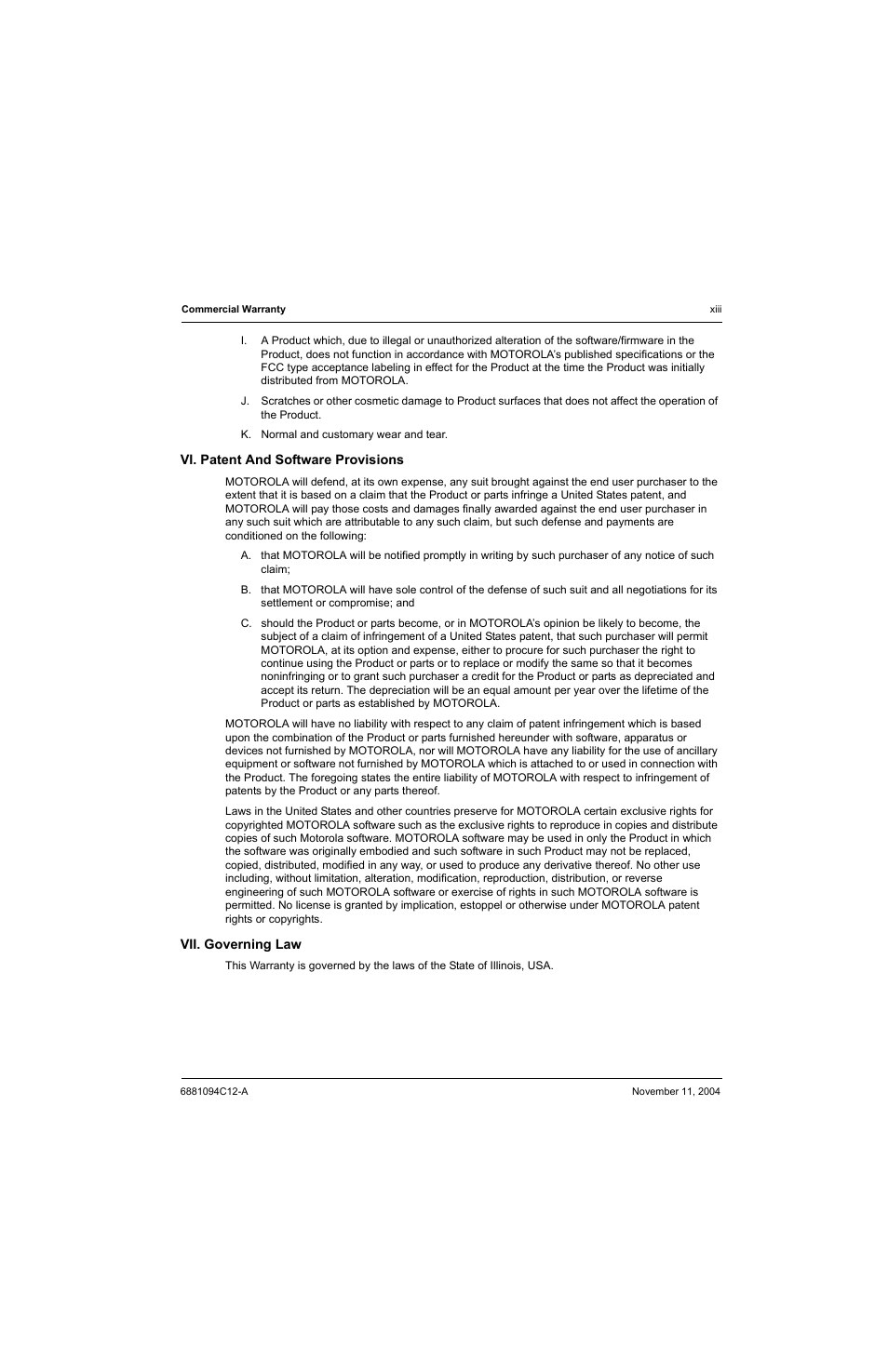 Vi. patent and software provisions, Vii. governing law | Motorola SSETM 5000 User Manual | Page 15 / 224