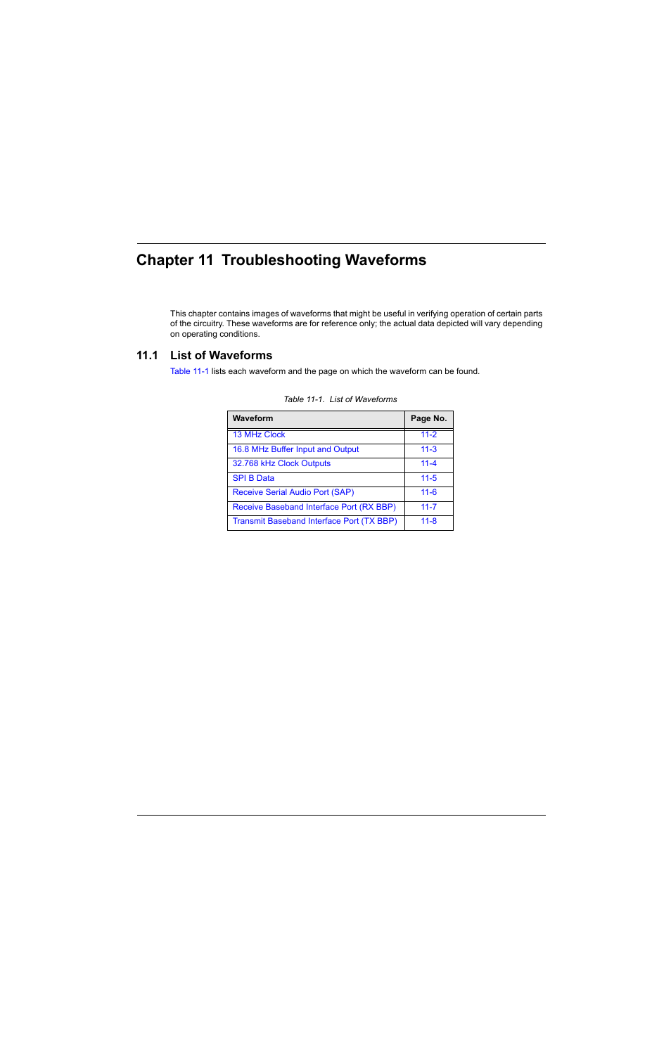 Chapter 11 troubleshooting waveforms, 1 list of waveforms, Chapter 11 | Troubleshooting waveforms -1, 1 list of waveforms -1, Table 11-1. list of waveforms -1 | Motorola SSETM 5000 User Manual | Page 159 / 224