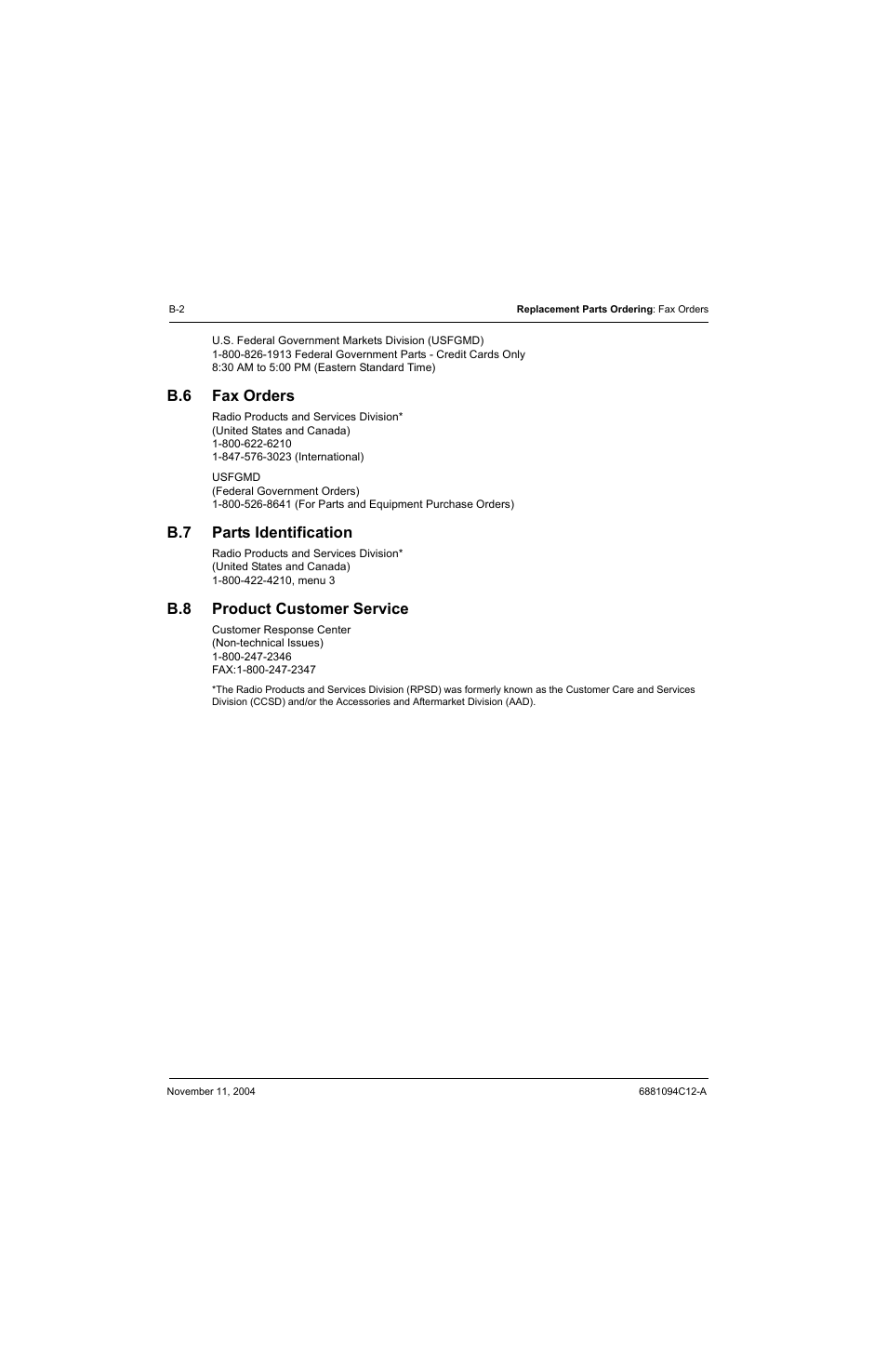 B.6 fax orders, B.7 parts identification, B.8 product customer service | Motorola SSETM 5000 User Manual | Page 208 / 224