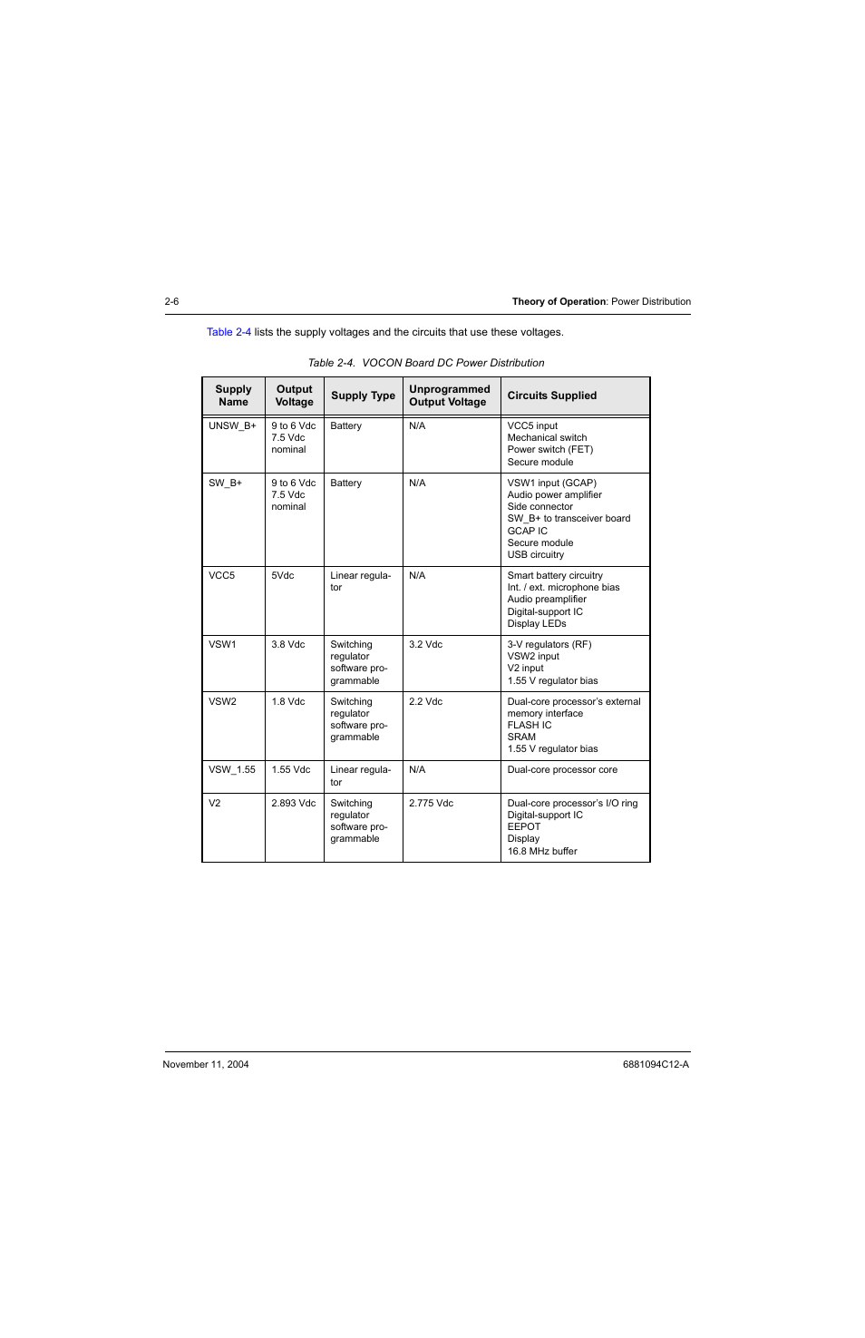 Table 2-4, Vocon board dc power distribution -6 | Motorola SSETM 5000 User Manual | Page 28 / 224