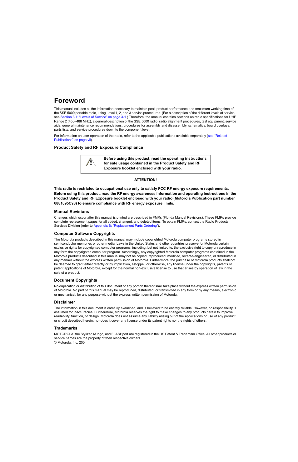 Foreword, Product safety and rf exposure compliance, Manual revisions | Computer software copyrights, Document copyrights, Disclaimer, Trademarks | Motorola SSETM 5000 User Manual | Page 4 / 224