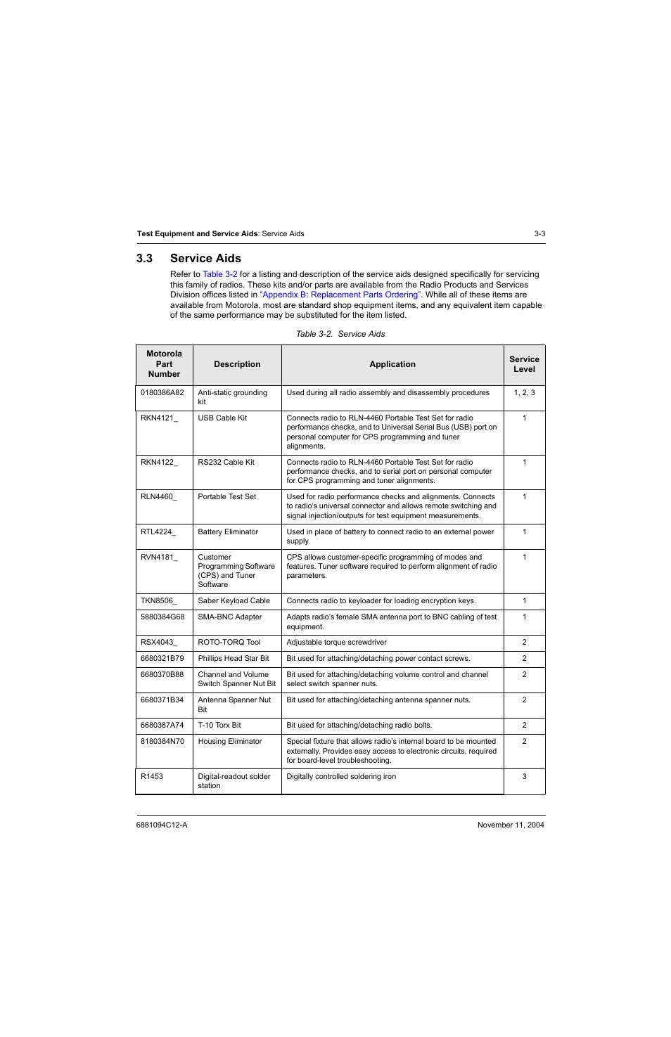 3 service aids, Service aids -3, Table 3-2 | Motorola SSETM 5000 User Manual | Page 59 / 224