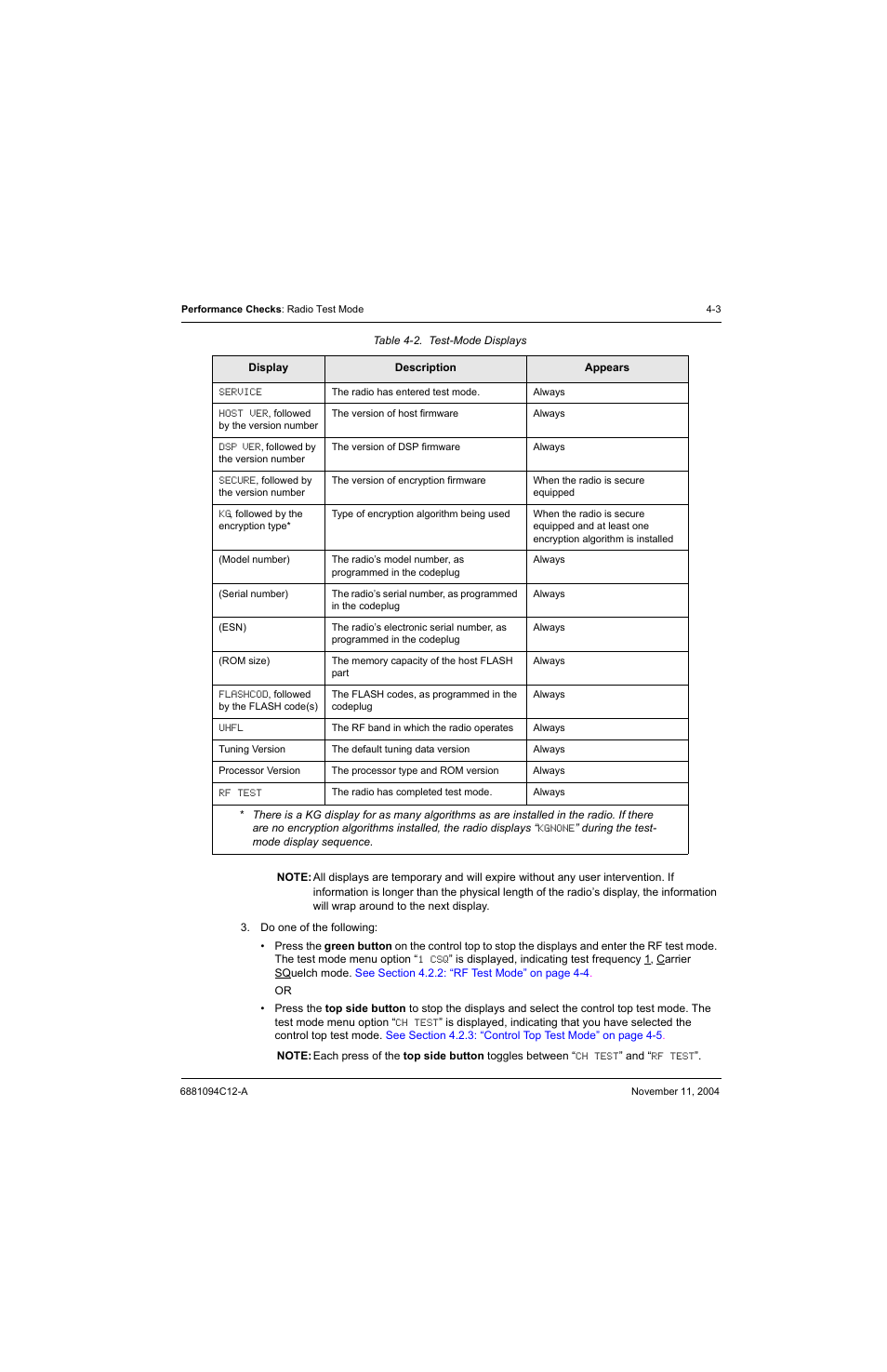 Table 4-2, Test-mode displays -3 | Motorola SSETM 5000 User Manual | Page 65 / 224