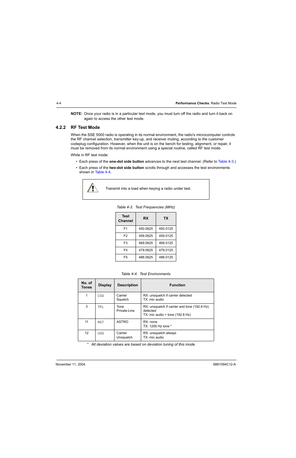 2 rf test mode, Rf test mode -4, Table 4-3 | Test frequencies (mhz) -4, Table 4-4, Test environments -4 | Motorola SSETM 5000 User Manual | Page 66 / 224