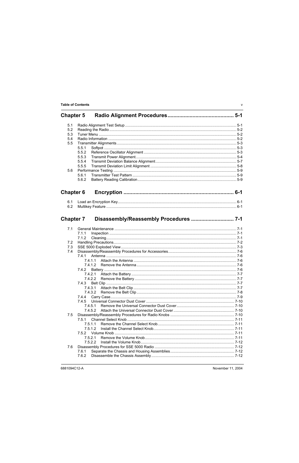 Chapter 5 radio alignment procedures -1, Chapter 6 encryption -1, Chapter 7 disassembly/reassembly procedures -1 | Motorola SSETM 5000 User Manual | Page 7 / 224