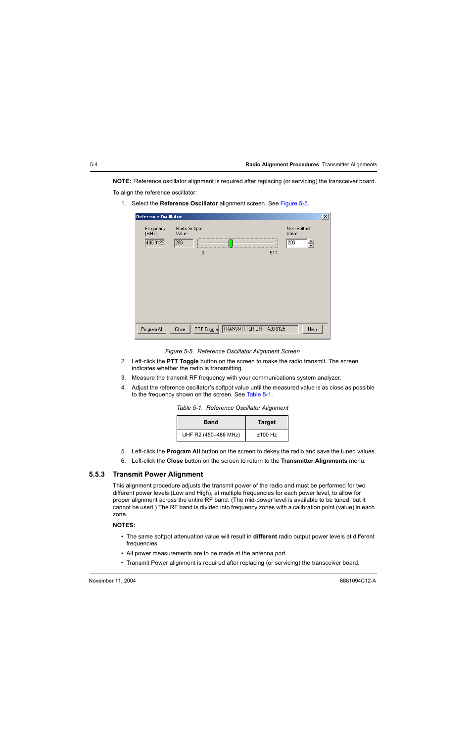 3 transmit power alignment, Transmit power alignment -4, Table 5-1 | Reference oscillator alignment -4 | Motorola SSETM 5000 User Manual | Page 74 / 224