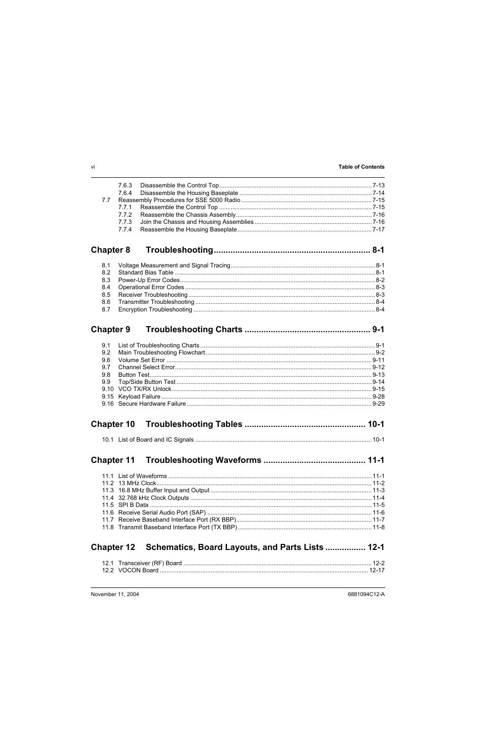 Chapter 8 troubleshooting -1, Chapter 9 troubleshooting charts -1, Chapter 10 troubleshooting tables -1 | Chapter 11 troubleshooting waveforms -1 | Motorola SSETM 5000 User Manual | Page 8 / 224