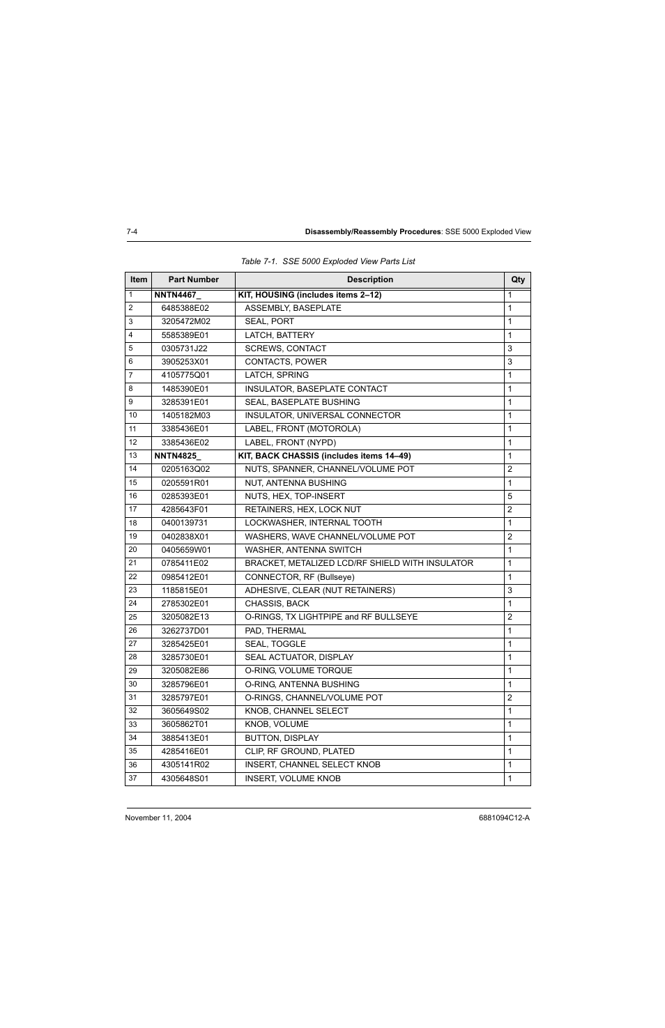 Table 7-1, Sse 5000 exploded view parts list -4, Item | Motorola SSETM 5000 User Manual | Page 86 / 224