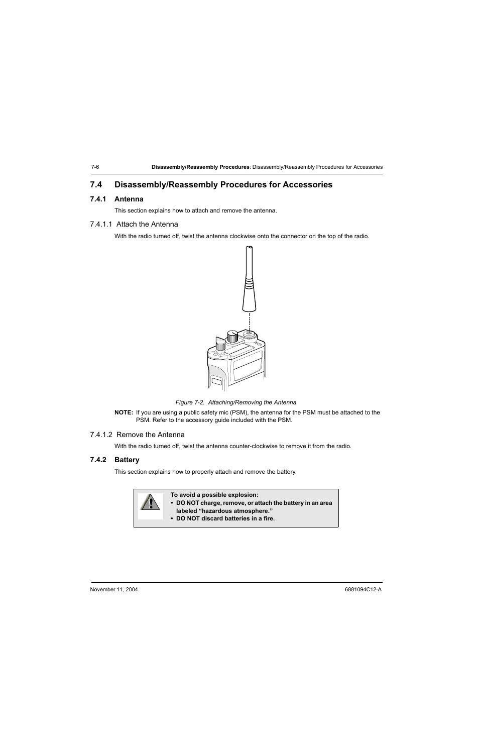 1 antenna, 1 attach the antenna, 2 remove the antenna | 2 battery, Antenna -6, Attach the antenna -6, Remove the antenna -6, Battery -6, Figure 7-2. attaching/removing the antenna -6 | Motorola SSETM 5000 User Manual | Page 88 / 224