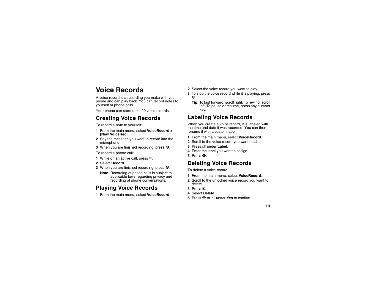Voice records, Creating voice records, Playing voice records | Labeling voice records, Deleting voice records, Playing voice records labeling voice records | Motorola i560 User Manual | Page 125 / 209