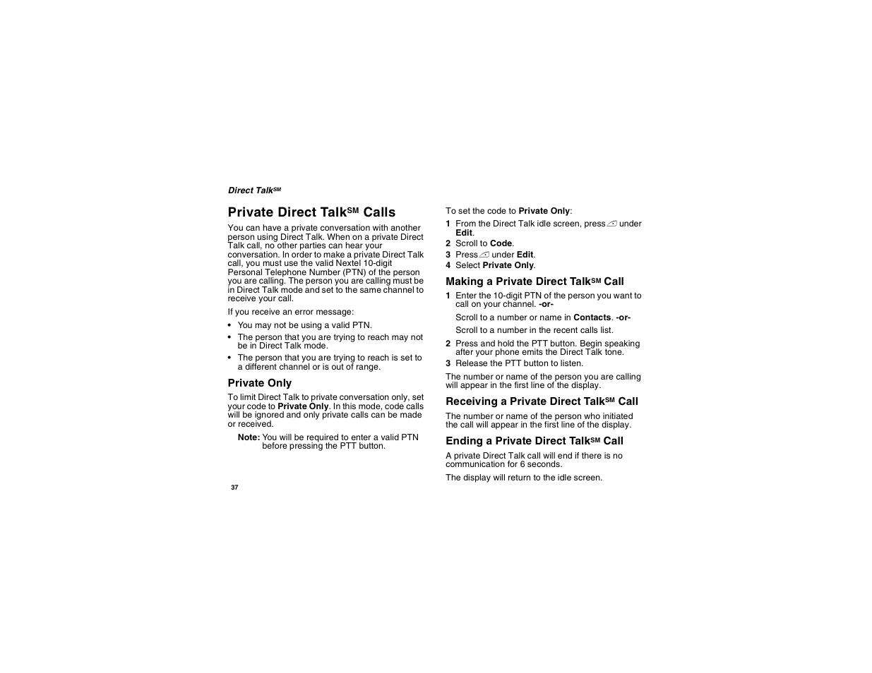 Private direct talksm calls, Private direct talk, Calls | Motorola i560 User Manual | Page 46 / 209