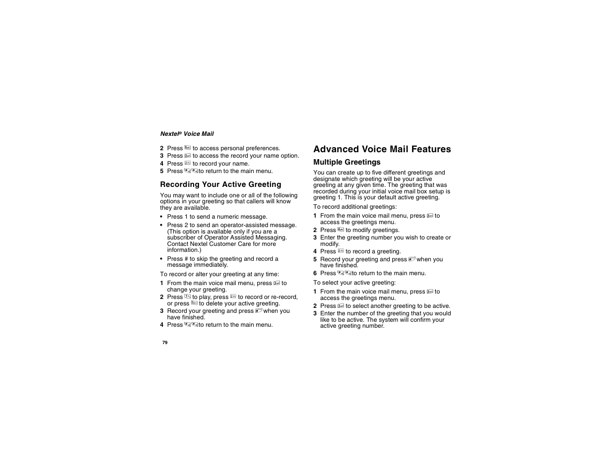 Recording your active greeting, Advanced voice mail features | Motorola i560 User Manual | Page 88 / 209