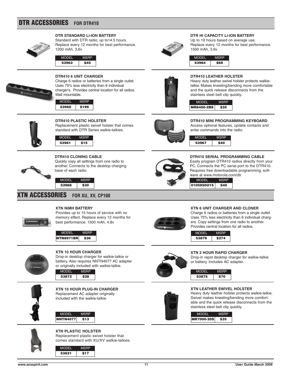 Xtn accessories, Dtr accessories, For xu, xv, cp100 | For dtr410 | Motorola Business Walkie-Talkies and Accessories User Manual | Page 11 / 16