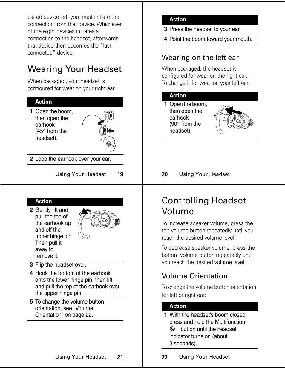 Wearing your headset, Controlling headset volume, Wearing on the left ear | Volume orientation | Motorola MOT5OMANUAL HS850 User Manual | Page 6 / 9