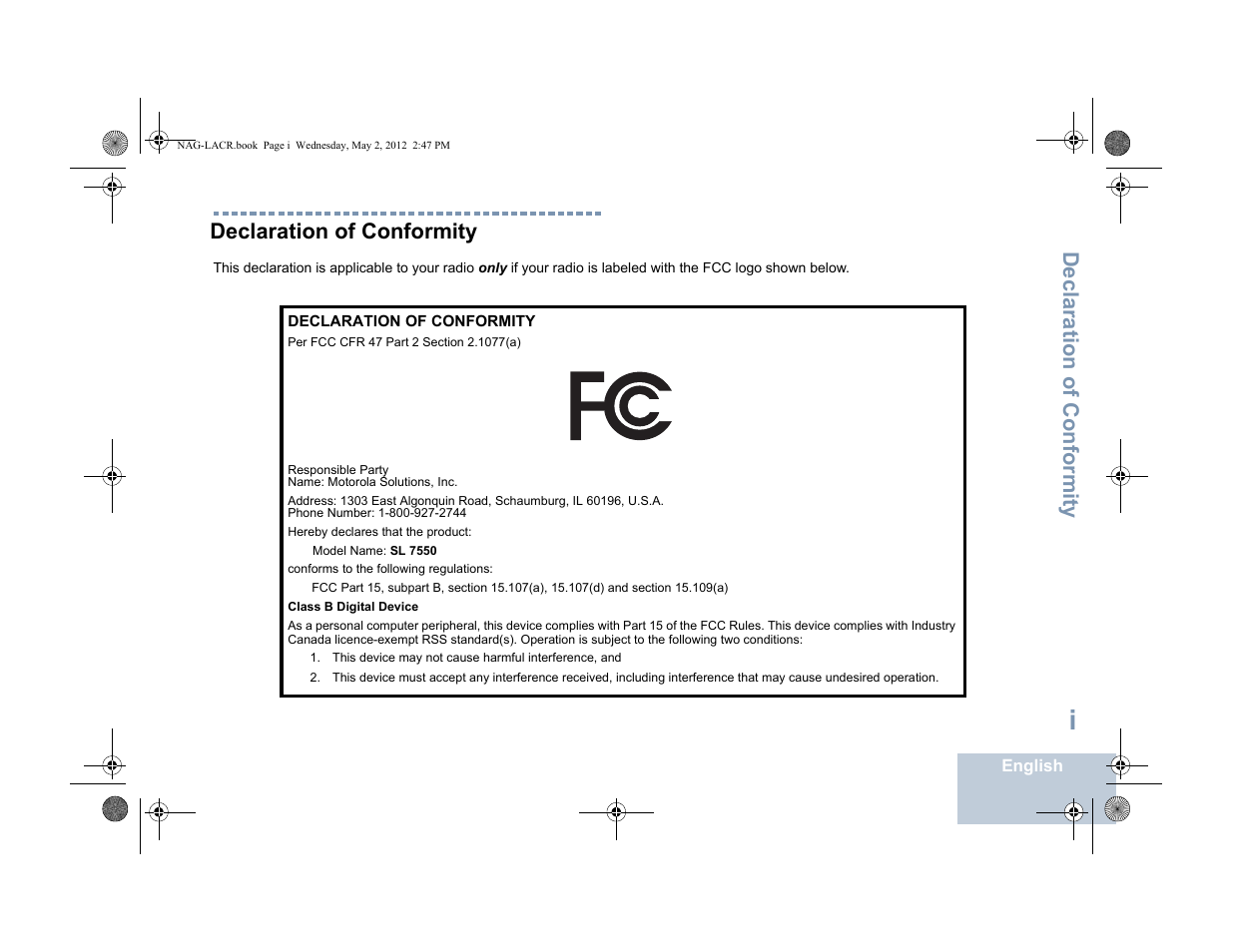 Declaration of conformity | Motorola SL7550 User Manual | Page 3 / 114