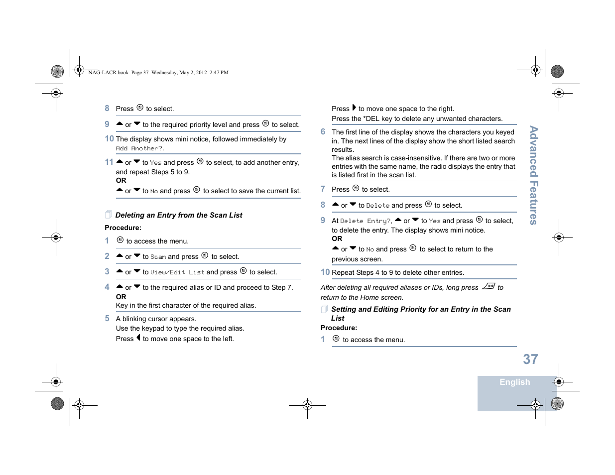 Deleting an entry from the scan list, Advanced features | Motorola SL7550 User Manual | Page 51 / 114