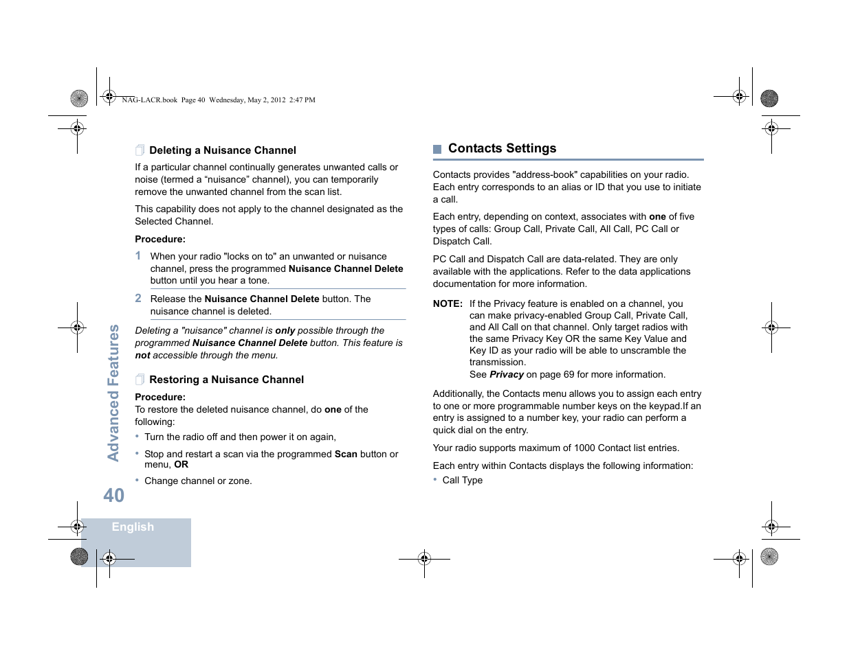 Deleting a nuisance channel, Restoring a nuisance channel, Contacts settings | Advanced features | Motorola SL7550 User Manual | Page 54 / 114