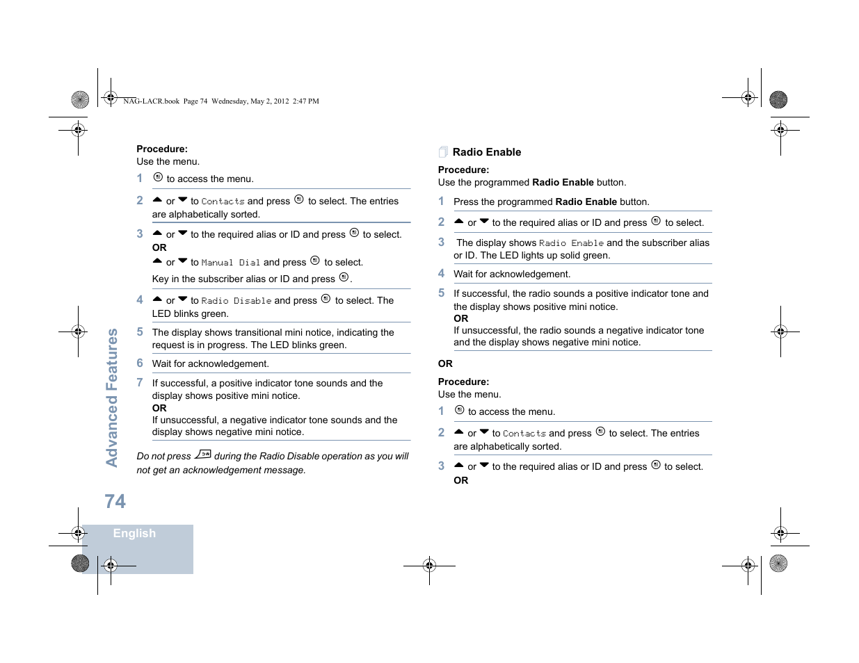 Radio enable, Advanced features | Motorola SL7550 User Manual | Page 88 / 114