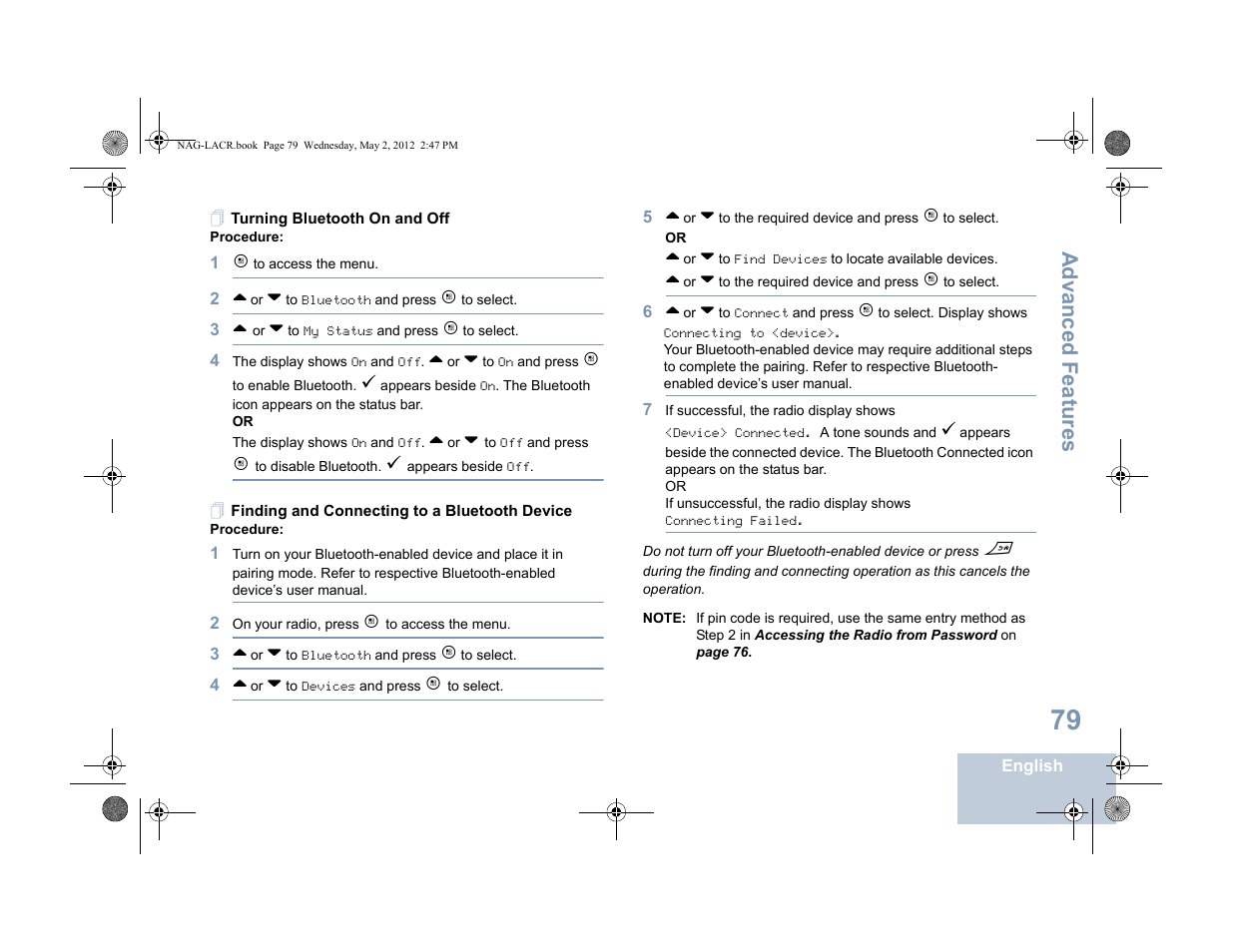 Turning bluetooth on and off, Finding and connecting to a bluetooth device, Advanced features | Motorola SL7550 User Manual | Page 93 / 114