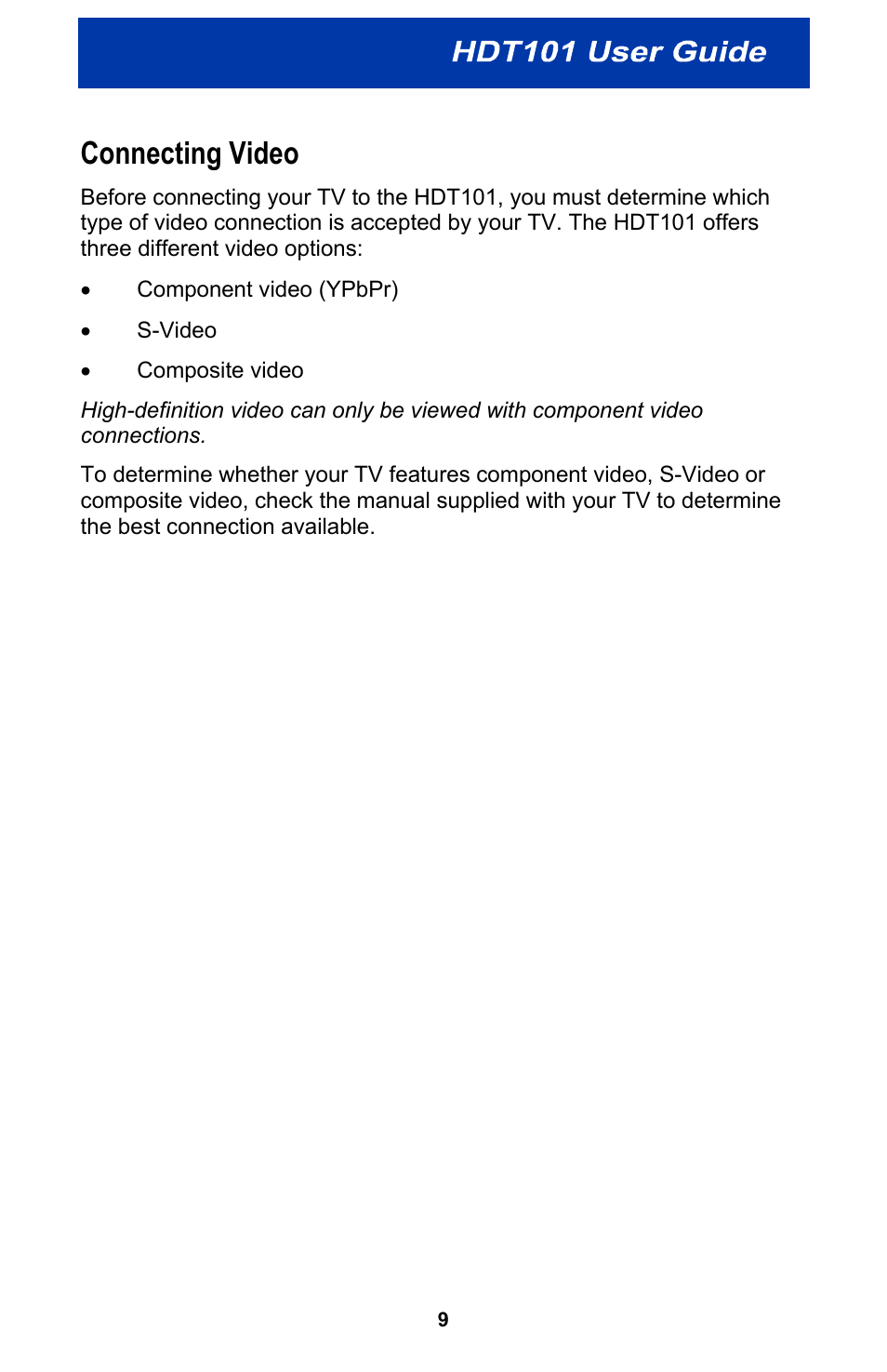 Connecting video | Motorola HDT101 User Manual | Page 15 / 54