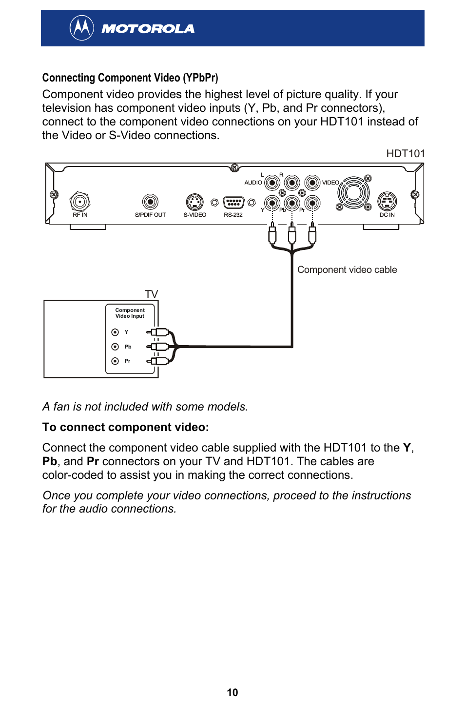 Connecting component video (ypbpr), Hdt101, Component video cable | Motorola HDT101 User Manual | Page 16 / 54