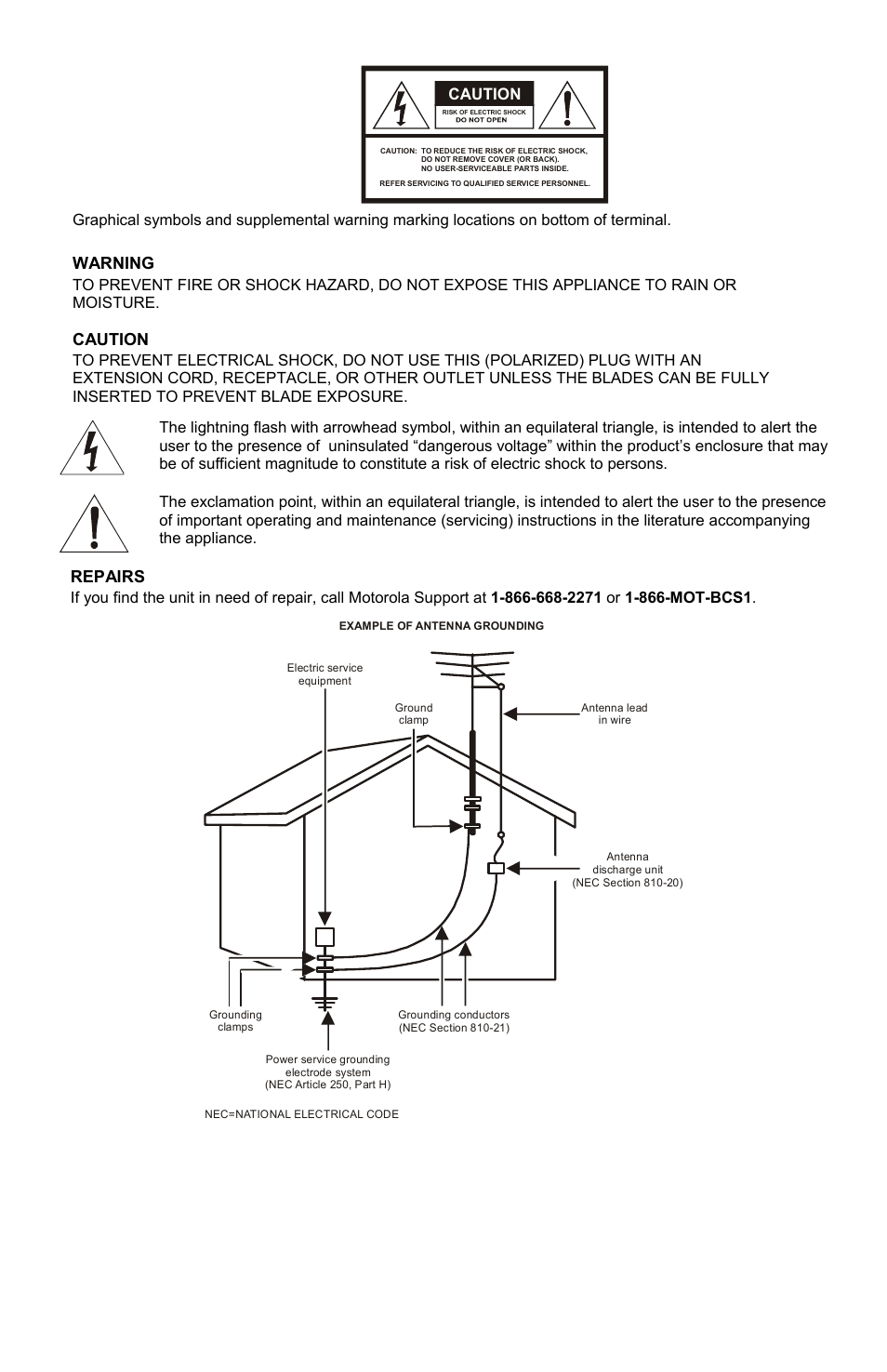 Safety and regulatory information, Warning, Caution | Repairs | Motorola HDT101 User Manual | Page 2 / 54