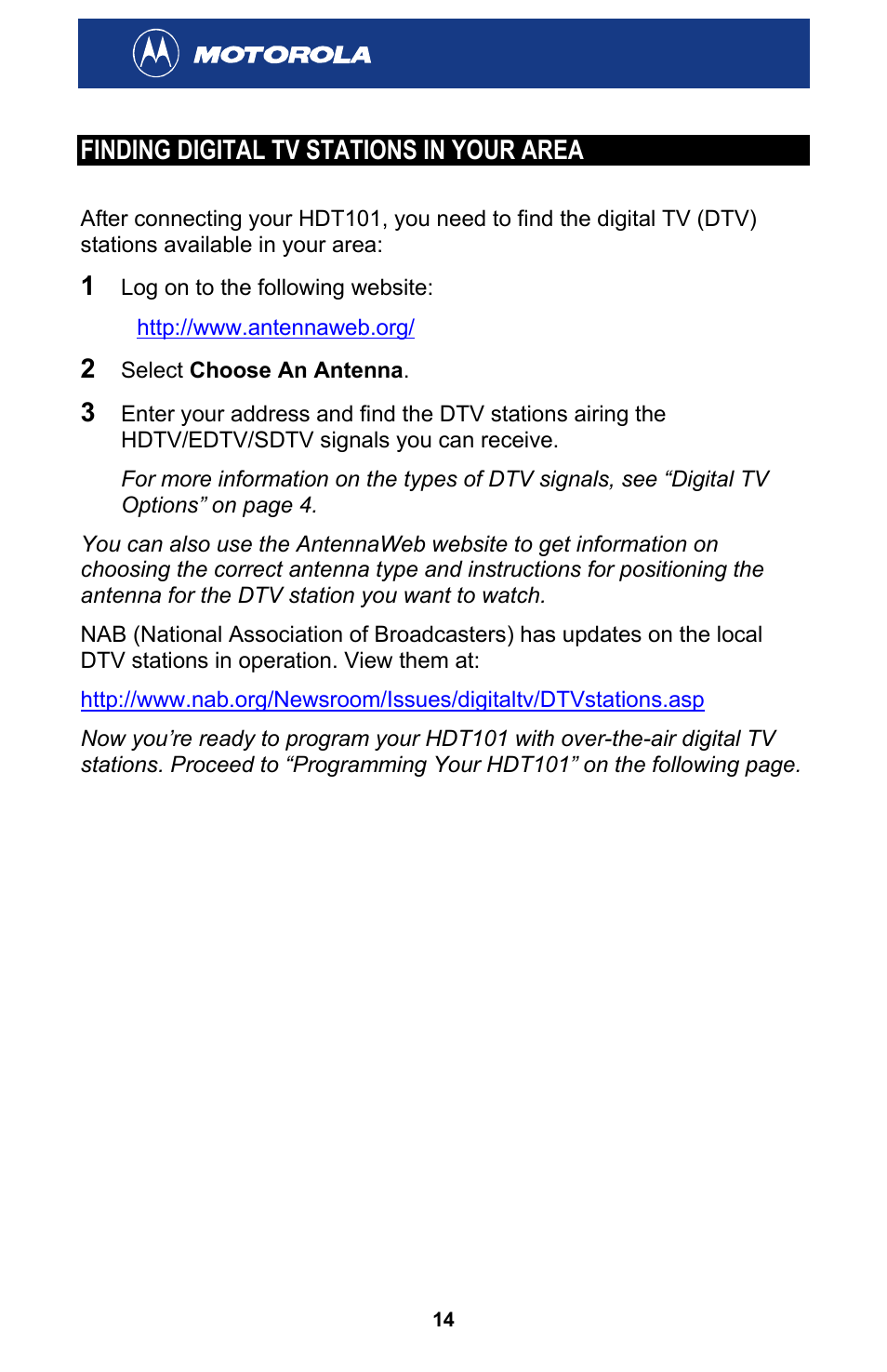 Finding digital tv stations in your area | Motorola HDT101 User Manual | Page 20 / 54