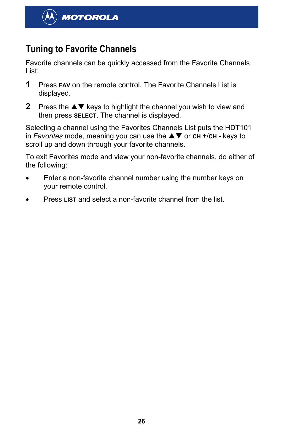 Tuning to favorite channels | Motorola HDT101 User Manual | Page 32 / 54