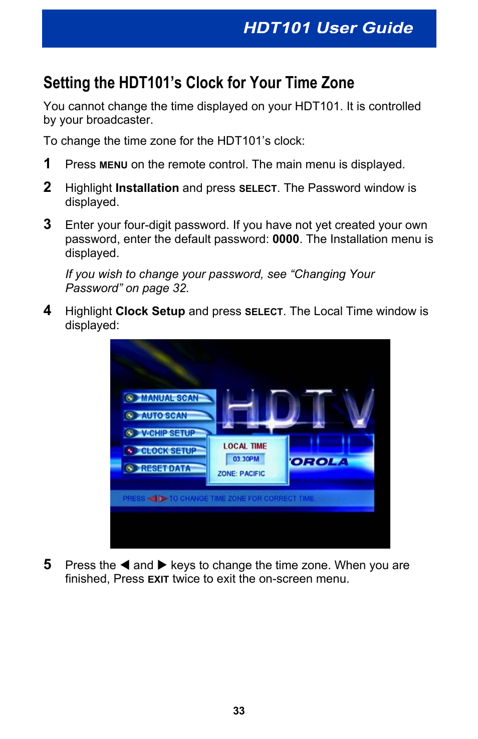 Setting the hdt101’s clock for your time zone | Motorola HDT101 User Manual | Page 39 / 54