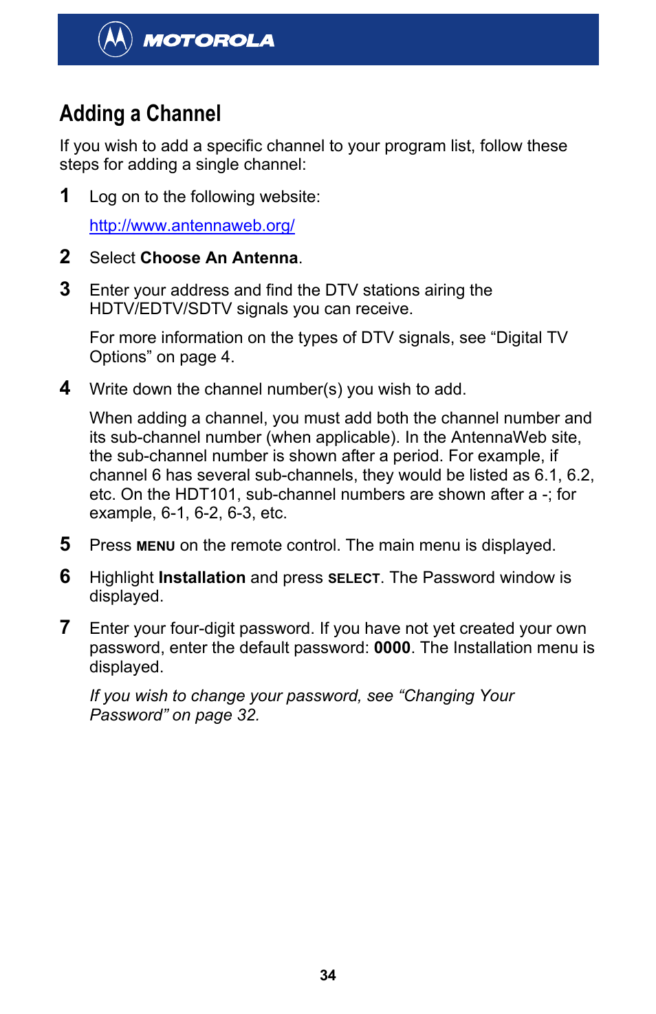 Adding a channel | Motorola HDT101 User Manual | Page 40 / 54