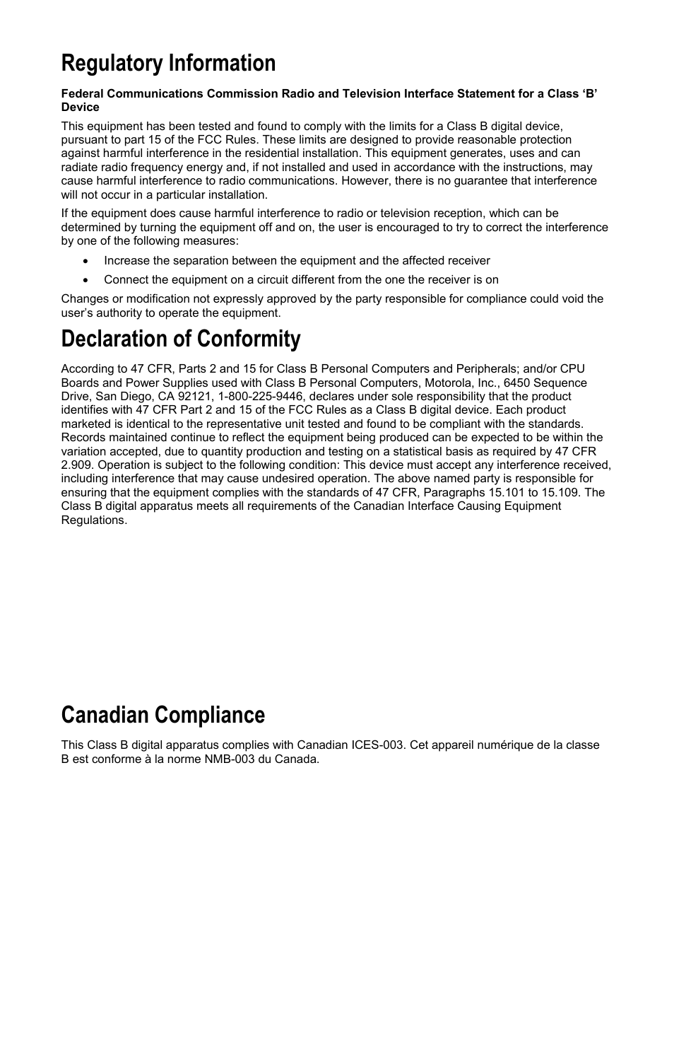 Regulatory information, Declaration of conformity, Canadian compliance | Motorola HDT101 User Manual | Page 5 / 54