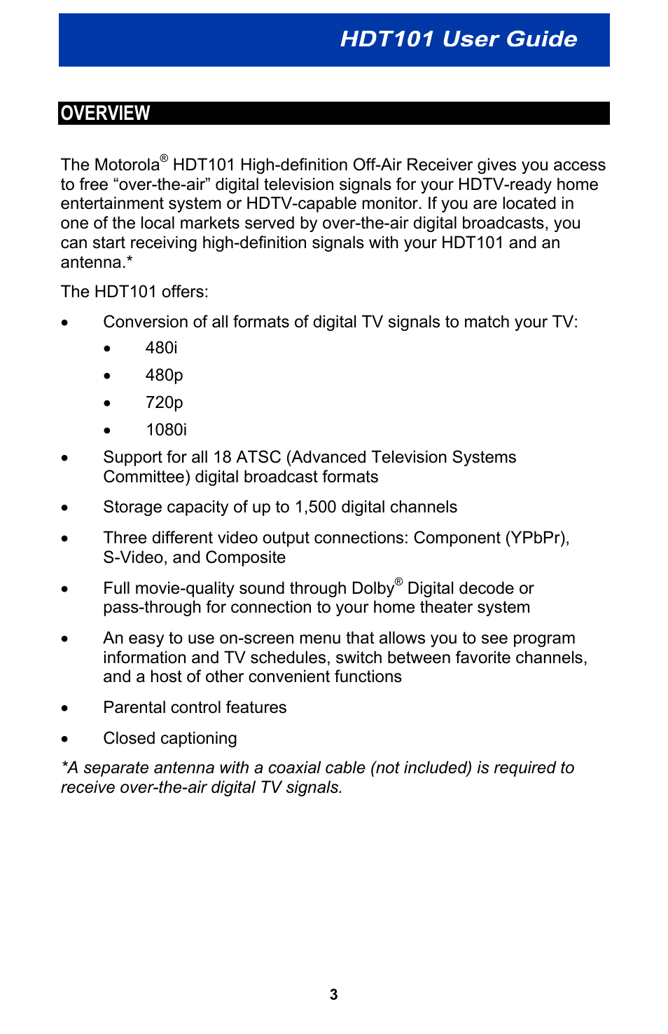 Overview | Motorola HDT101 User Manual | Page 9 / 54