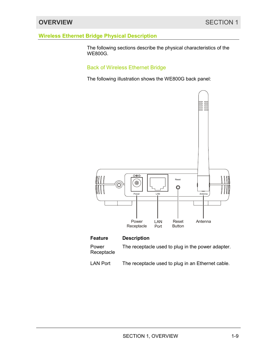 Wireless ethernet bridge physical description, Back of wireless ethernet bridge | Motorola WE800G User Manual | Page 14 / 71