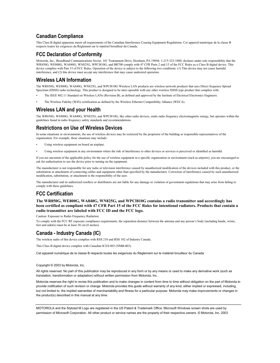 Canadian compliance, Fcc declaration of conformity, Wireless lan information | Wireless lan and your health, Restrictions on use of wireless devices, Fcc certification, Canada - industry canada (ic) | Motorola WE800G User Manual | Page 3 / 71