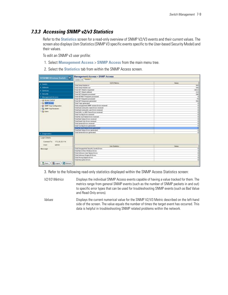 3 accessing snmp v2/v3 statistics, 3 accessing snmp v2/v3 statistics -9 | Motorola Series Switch WS5100 User Manual | Page 317 / 364