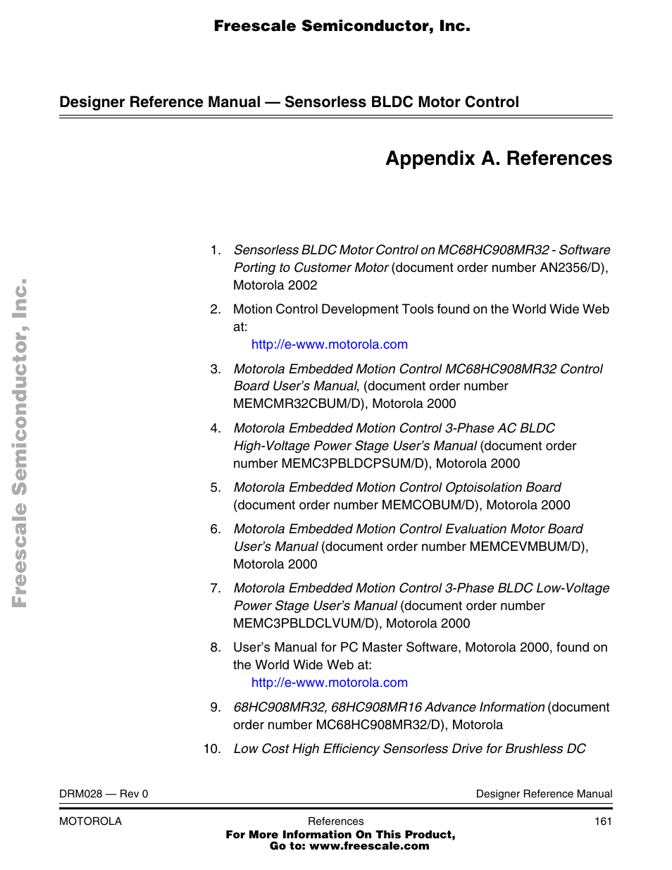 Appendix a. references, References, These | Motorola M68HC08 User Manual | Page 161 / 168