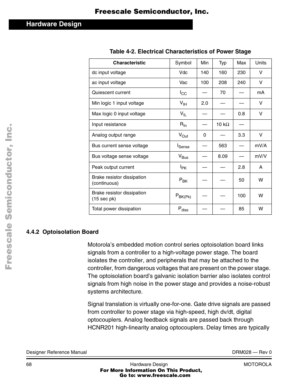 Electrical characteristics of power stage, Table 4-2, Apply to operation at 25 | Hardware design, Freescale semiconductor, inc | Motorola M68HC08 User Manual | Page 68 / 168