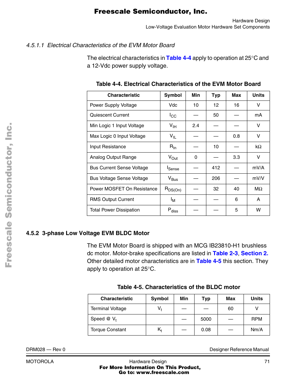 Electrical characteristics of the evm motor board, Characteristics of the bldc motor, Freescale semiconductor, inc | Motorola M68HC08 User Manual | Page 71 / 168