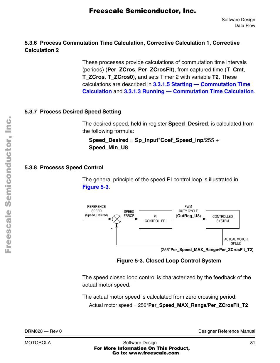 Closed loop control system, Process desired speed setting, The actual speed is calculated from | Processs speed control | Motorola M68HC08 User Manual | Page 81 / 168