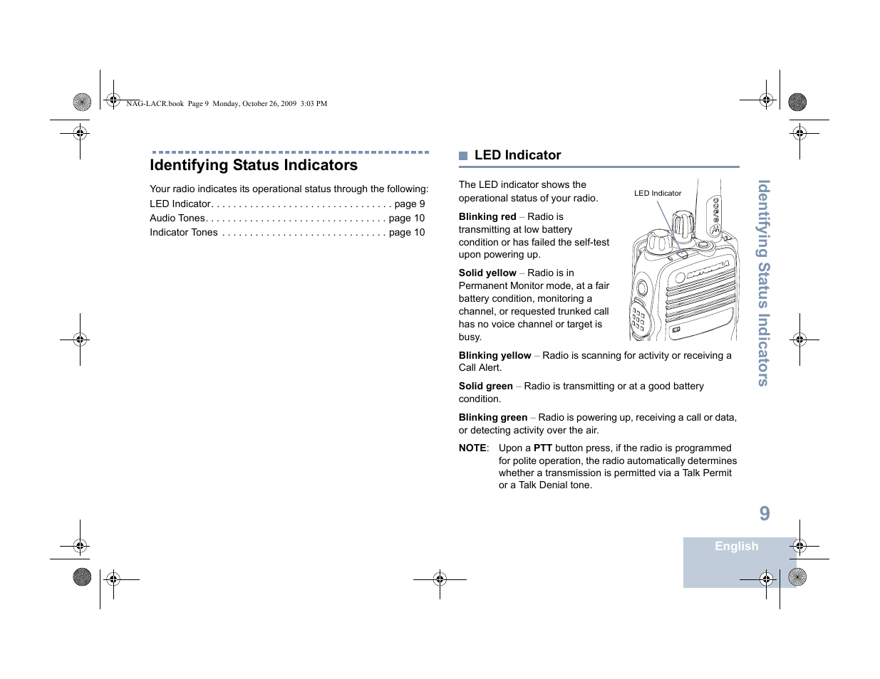 Identifying status indicators, Led indicator, Identifying s tatus indicators | Motorola MOTOTRBO XPR 6380 User Manual | Page 17 / 42