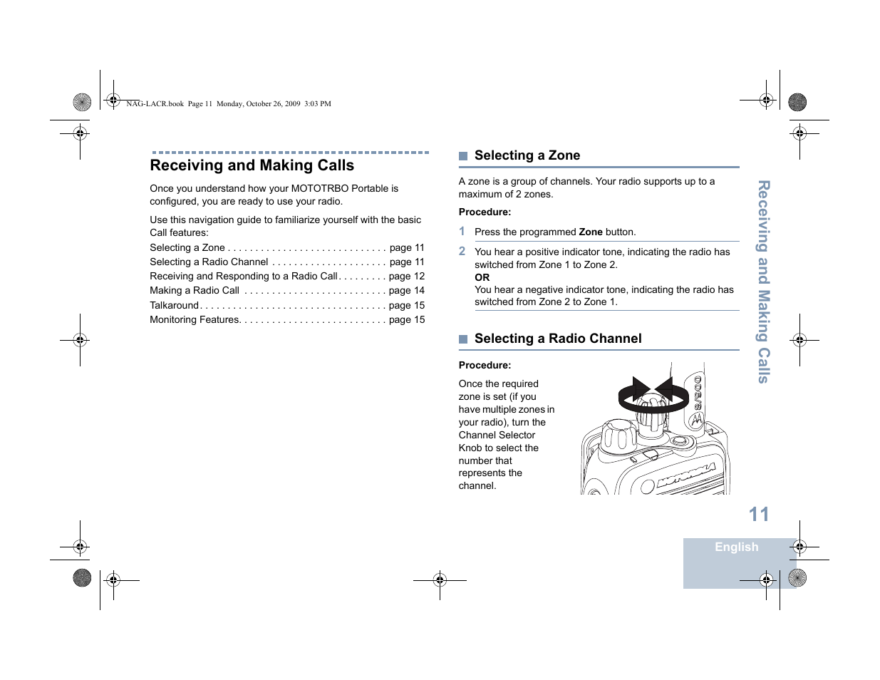 Receiving and making calls, Selecting a zone, Selecting a radio channel | Selecting a zone selecting a radio channel | Motorola MOTOTRBO XPR 6380 User Manual | Page 19 / 42