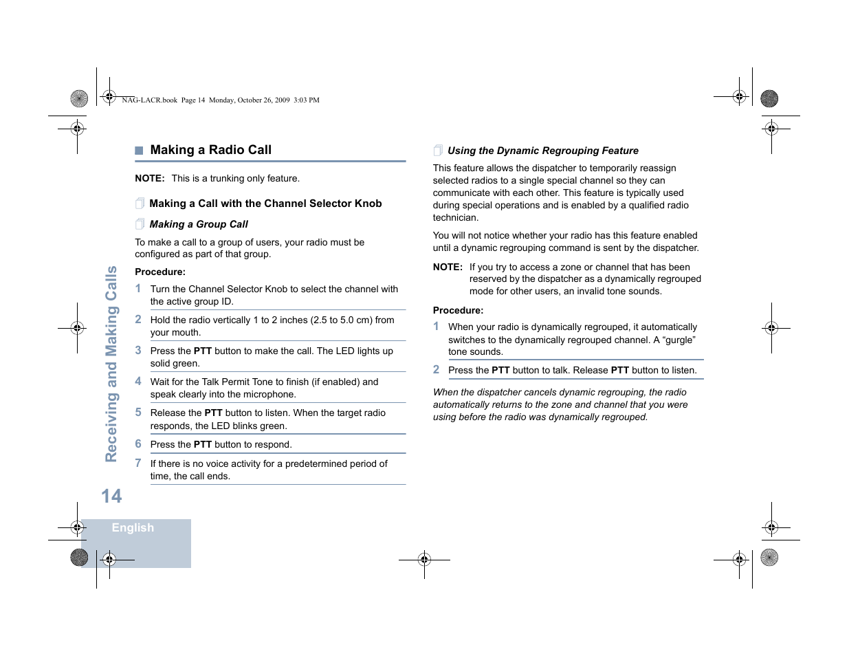 Making a radio call, Making a call with the channel selector knob, Making a group call | Using the dynamic regrouping feature, Receiving and making calls | Motorola MOTOTRBO XPR 6380 User Manual | Page 22 / 42