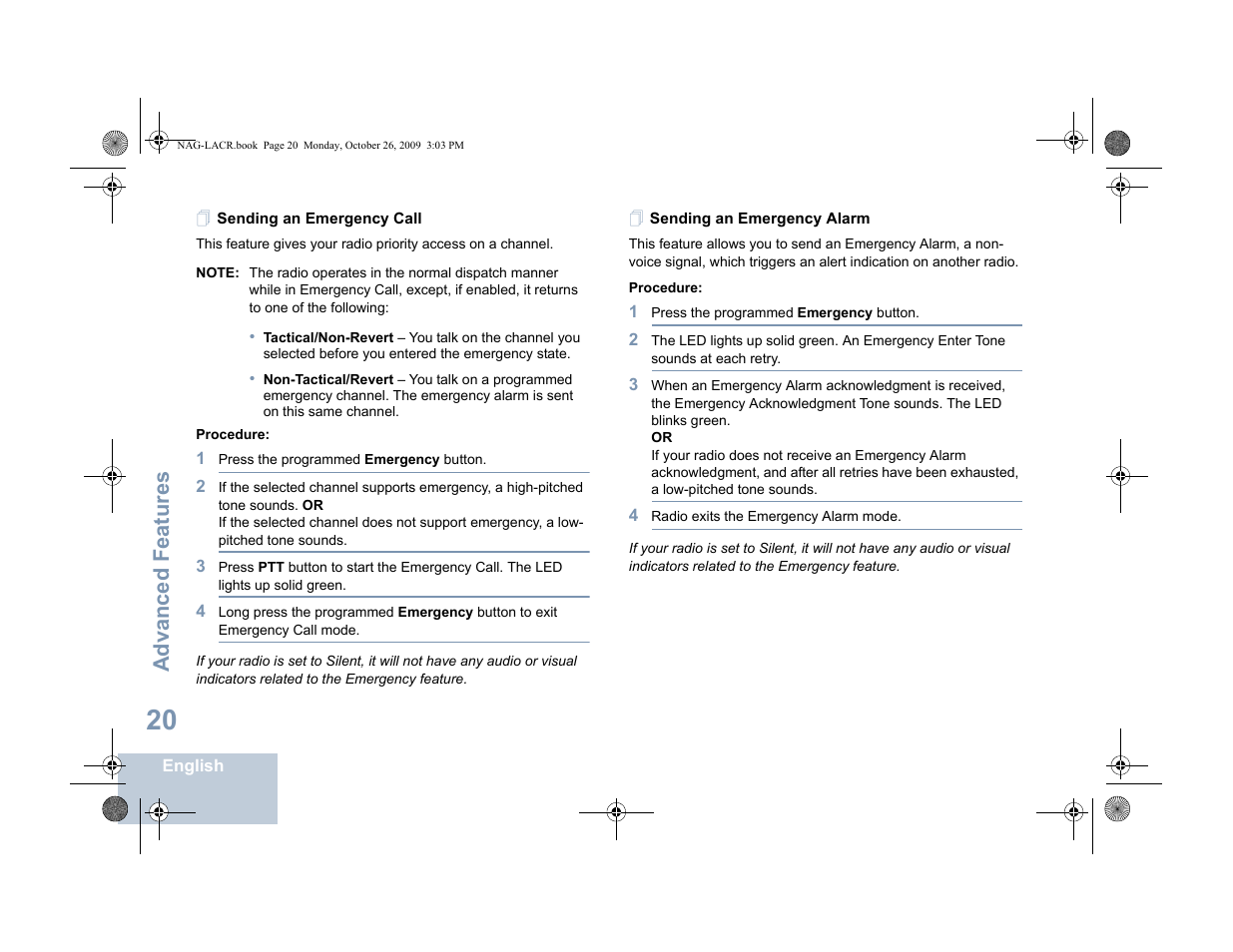 Sending an emergency call, Sending an emergency alarm, Advanced features | Motorola MOTOTRBO XPR 6380 User Manual | Page 28 / 42