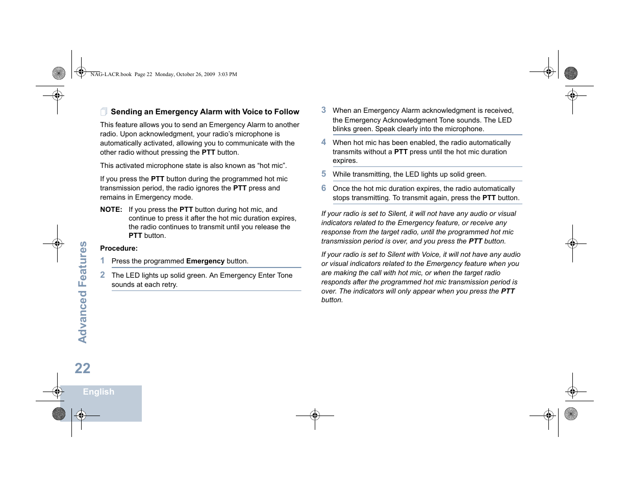 Sending an emergency alarm with voice to follow, Advanced features | Motorola MOTOTRBO XPR 6380 User Manual | Page 30 / 42