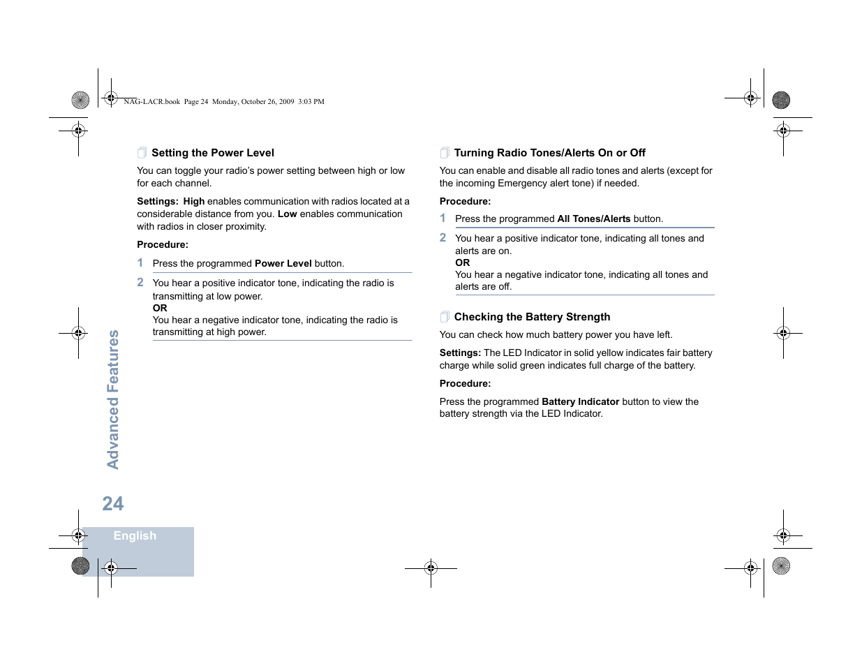 Setting the power level, Turning radio tones/alerts on or off, Checking the battery strength | Advanced features | Motorola MOTOTRBO XPR 6380 User Manual | Page 32 / 42