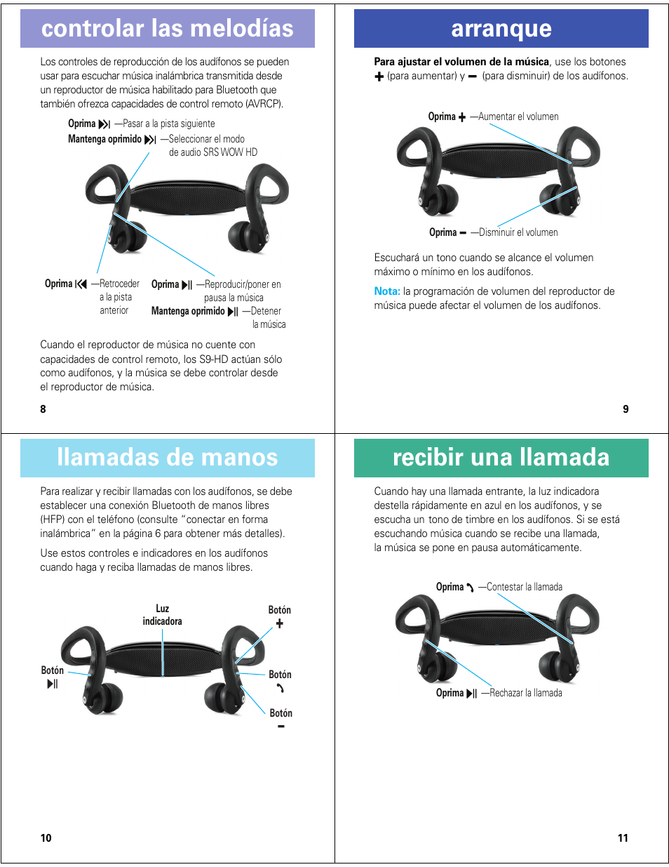 Controlar las melodías, Arranque, Llamadas de manos | Recibir una llamada | Motorola MOTOROKR S9-HD User Manual | Page 10 / 15