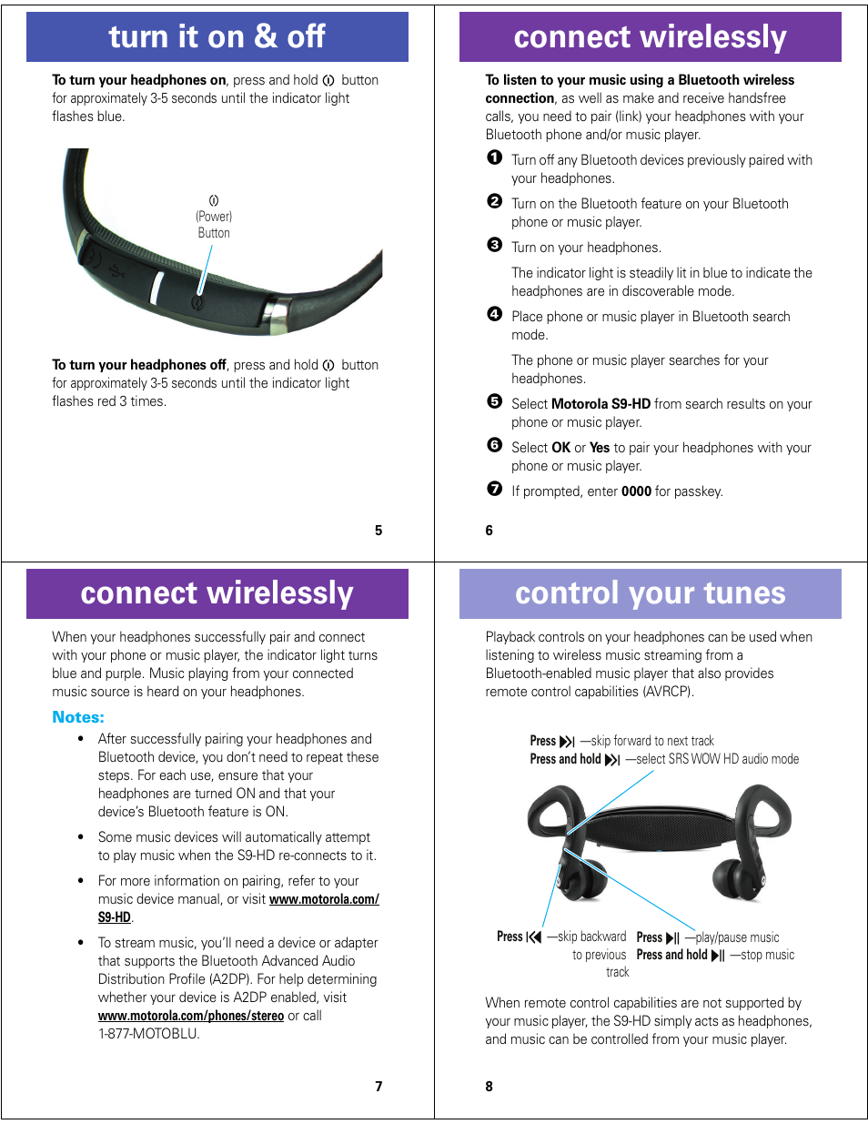 Turn it on & off, Connect wirelessly, Control your tunes | Motorola MOTOROKR S9-HD User Manual | Page 2 / 15