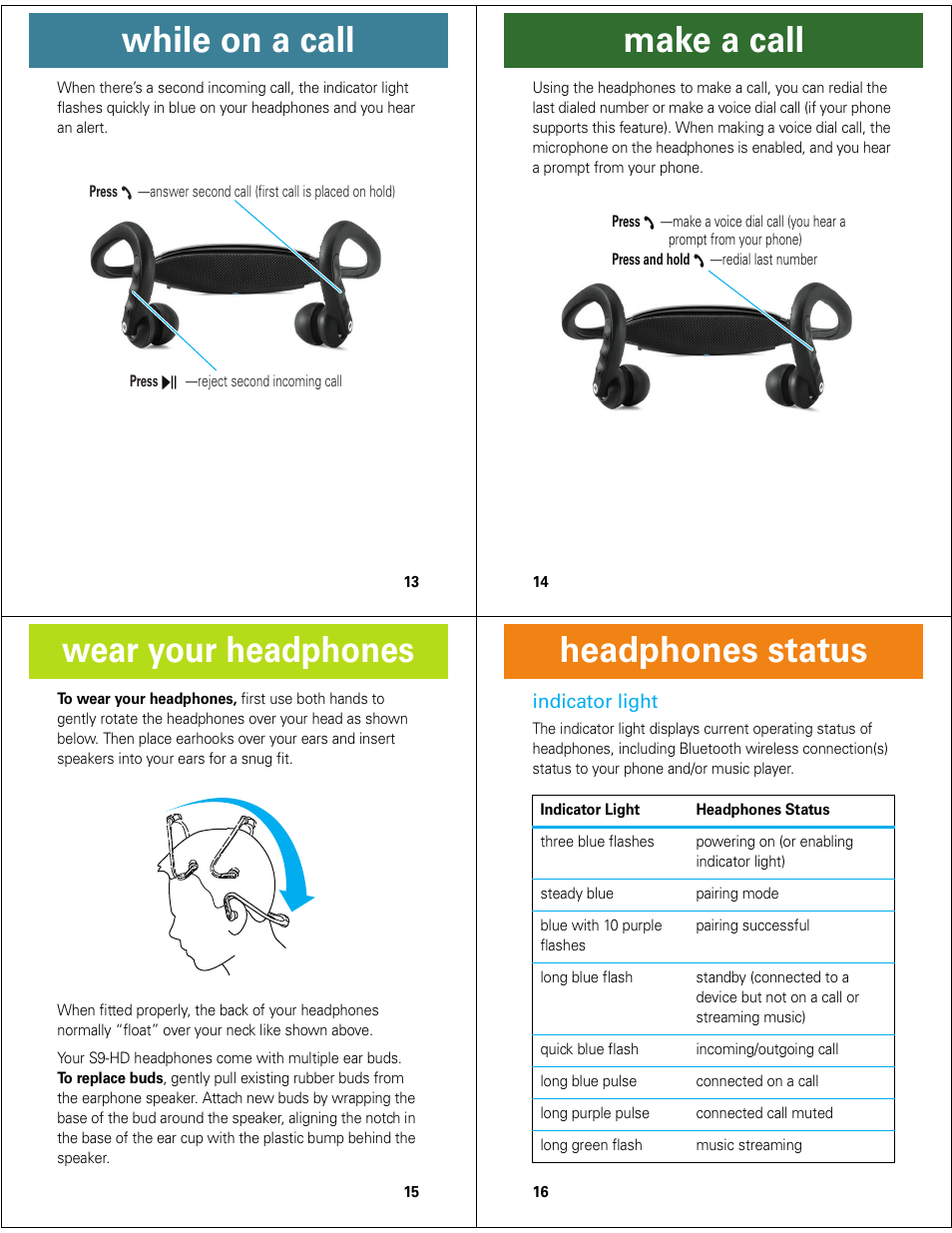 While on a call, Make a call, Wear your headphones | Headphones status | Motorola MOTOROKR S9-HD User Manual | Page 4 / 15